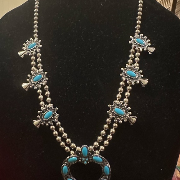 Southwestern Squash Blossom Necklace Turquoise Color Double Strand 28in - Picture 9 of 9